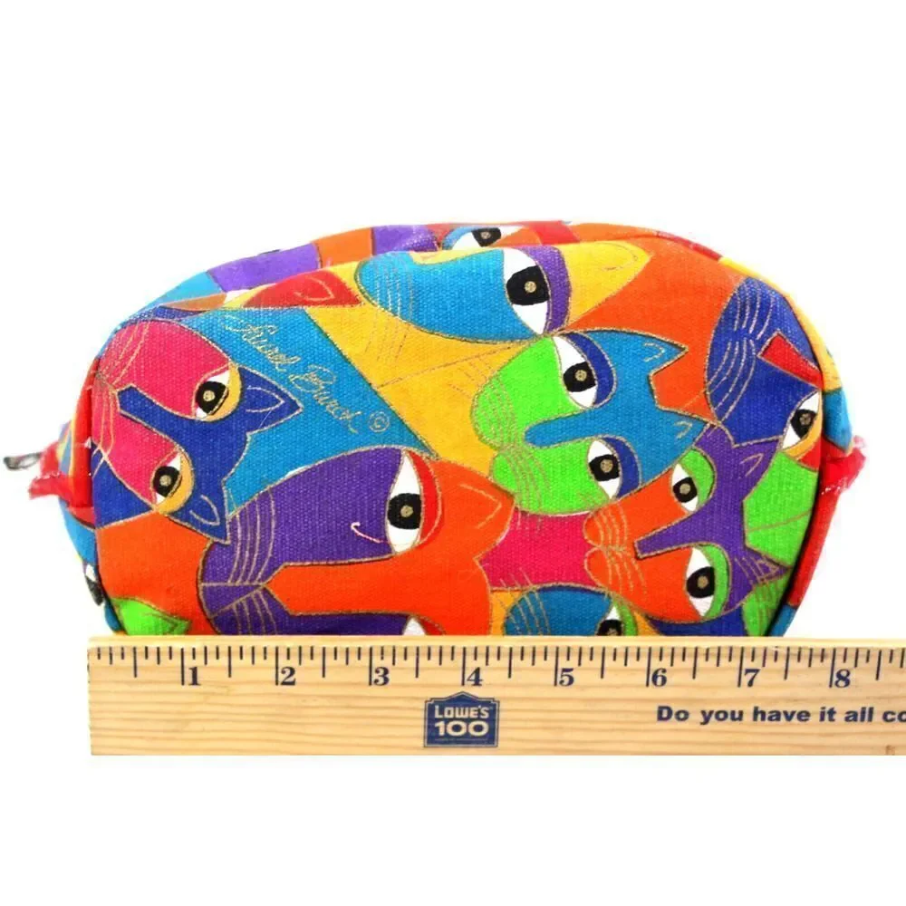 Laurel Burch MULTICOLOR COTTON CANVAS KAT BLUE HANDLES SATCHEL HANDBAG